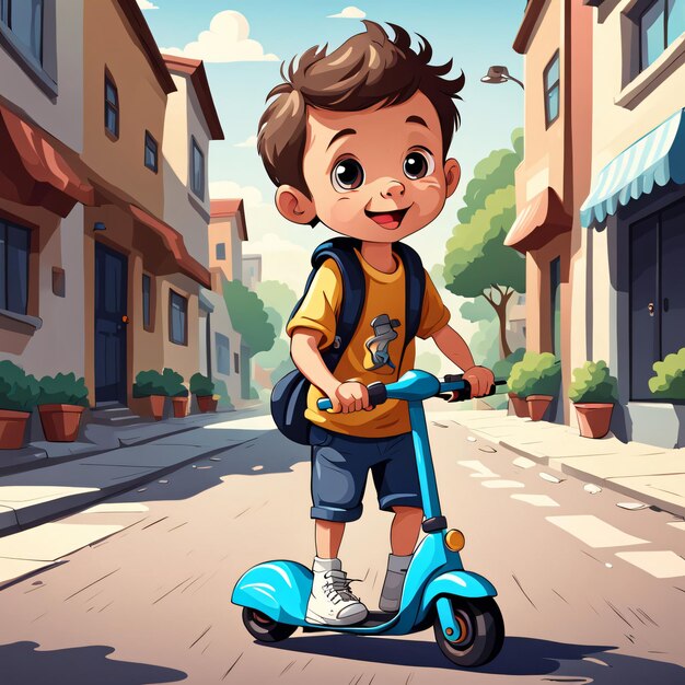 Photo cute little boy riding scooter in cartoon style