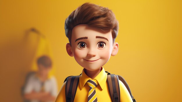 cute little boy in school uniform with backpack yellow background Back to School Concept