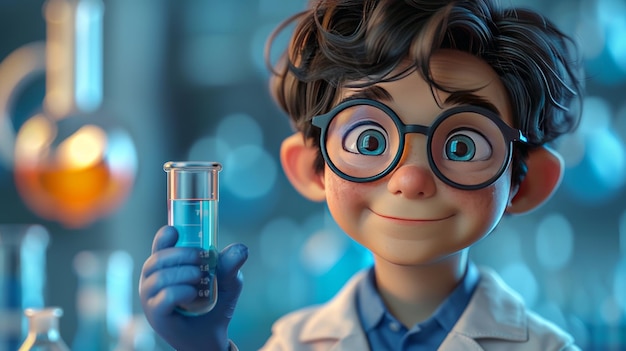 Милый маленький мальчик-ученый с пробиркой в лаборатории