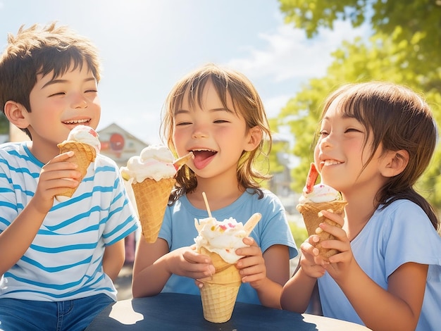 Cute little boy share ice cream with his sister ai image