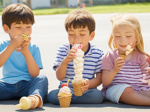 Cute little boy share ice cream with his sister ai image