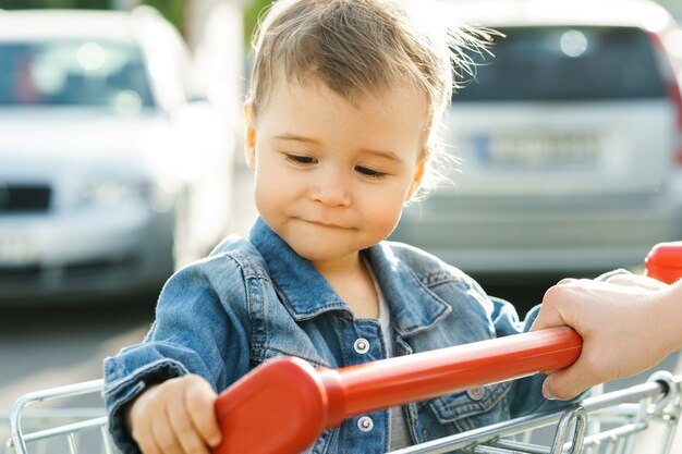 Cute little boy sitting in a shopping cart