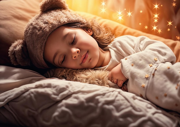 귀여운 작은 소년이 침대에서 잠을 자고 따뜻한 모자를 쓰고 있다