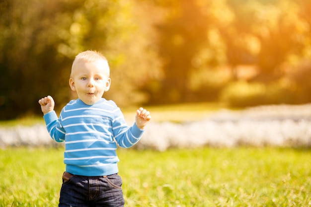 공원에서 푸른 잔디에 서 있는 귀여운 소년
