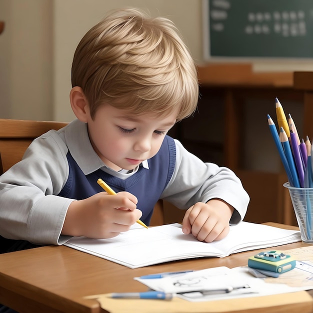 A cute little boy studies on the table generated ai