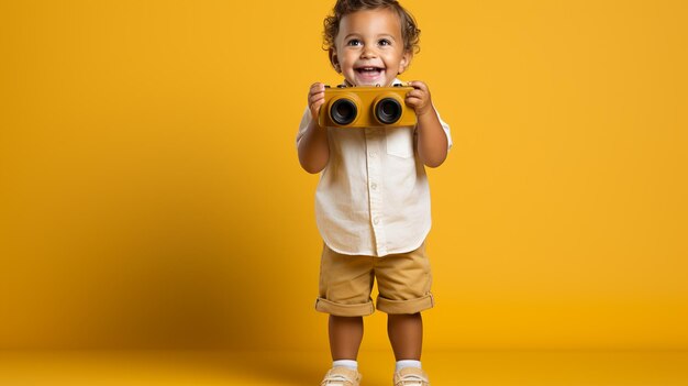 Cute little boy in stylish stylish sunglasses and stylish outfit posing on yellow background