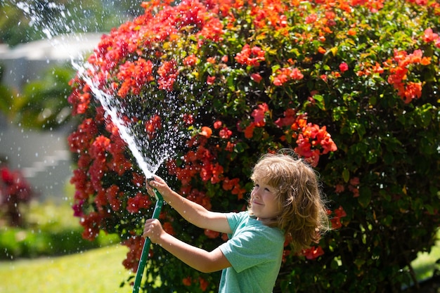 プランティの庭のホースで夏の日の子供農家で庭の花に水をまくかわいい男の子