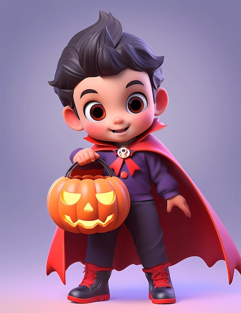 cute little boy wearing funny dracula costume with halloween pumpkin