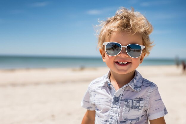 Cute little boy wearing sunglasses on the beach with a blue summer sky background room for text copy space