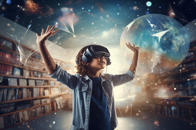 Photo cute little boy wearing virtual reality headset and having fun ai generated