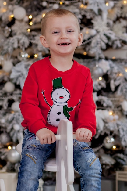 Cute little boy with Christmas accessories sitting on wooden horse in front of Christmas tree.