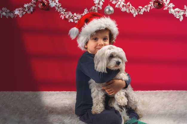 彼の小さな犬を抱き締めるクリスマスの帽子と装飾を持つかわいい男の子