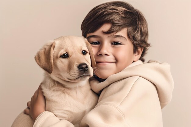 Cute little boy with curly hair smiling and looking at camera while sitting against beige background next to his puppy