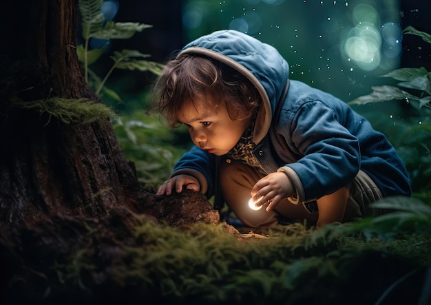 Cute little boy with flashlight in the forest at night Fairy tale