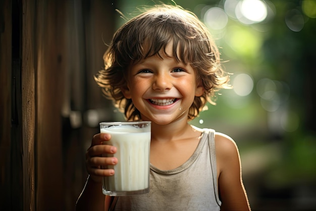 Cute little boy with glass of milk on blurred background closeup perfect kids smile happy boy with beautiful white milk toothy smile AI Generated