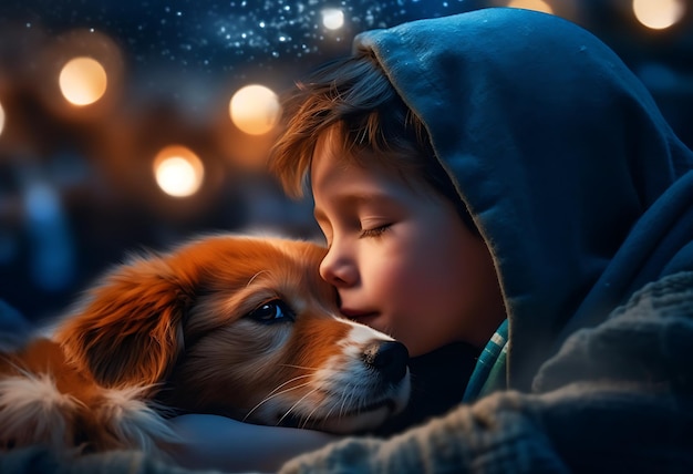 Cute little boy with his dog on the sofa at home