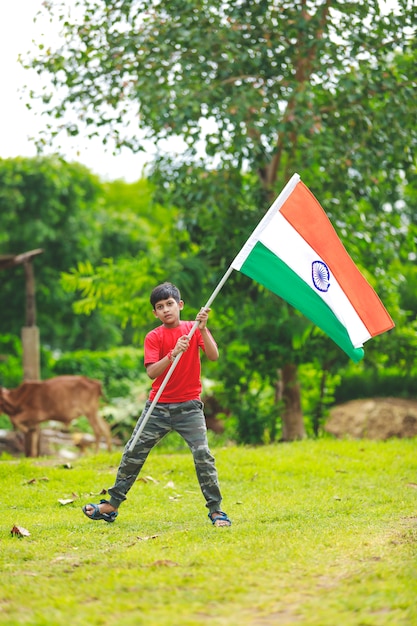 Cute little boy with Indian National Tricolor Flag