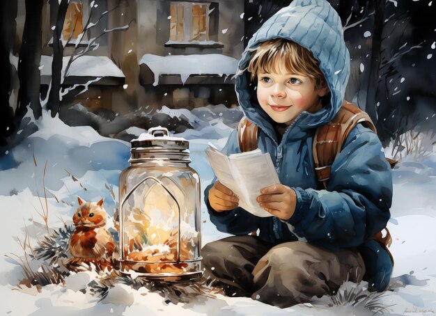 Foto piccolo ragazzo carino con una lanterna e un libro nella neve