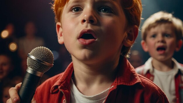 Photo cute little boy with microphone singing against dark background