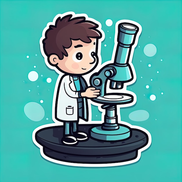 顕微鏡漫画のキャラクターのベクトル図を持つかわいい男の子研究室漫画のかわいい男の子