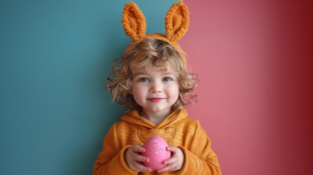 A cute little boy with rabbit ears is holding an Easter egg on a colored background