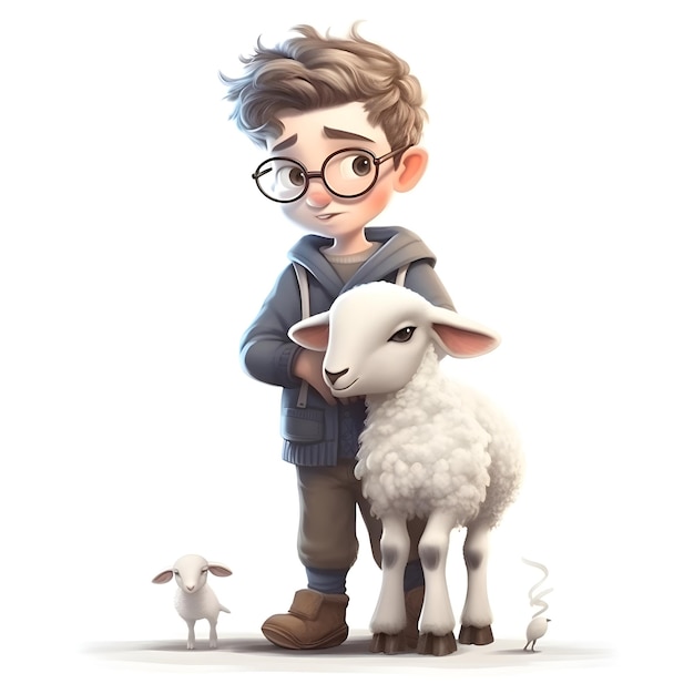 Cute little boy with a sheep on a white background illustration