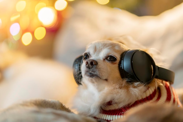 Cute little brown color lapdog chihuahua wearing headphone music listen enjoy stay home on sofa couch at home