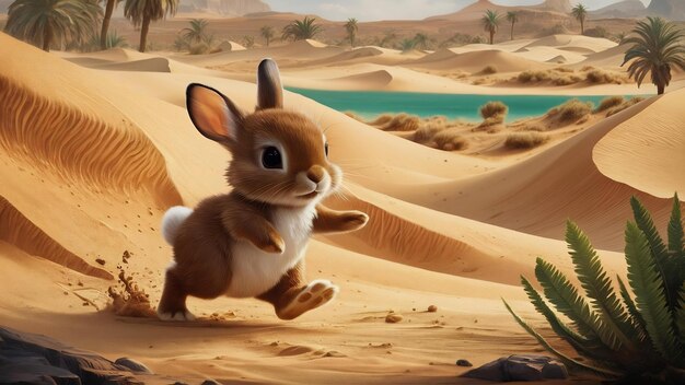 Cute little brown rabbit in the middle of the desert