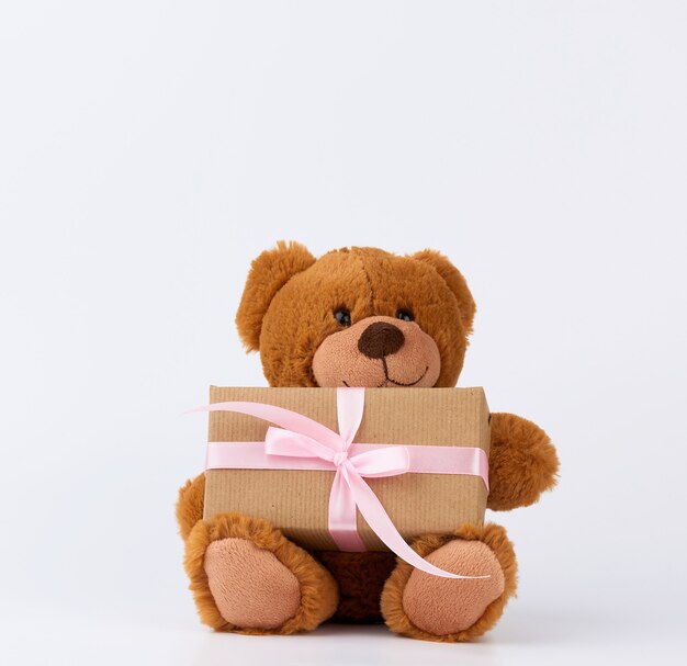 Cute little brown teddy bear holds a brown box with a pink ribbon