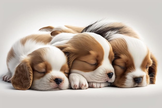 Cute Little Brown and White Puppies Sleeping Together on a White Background