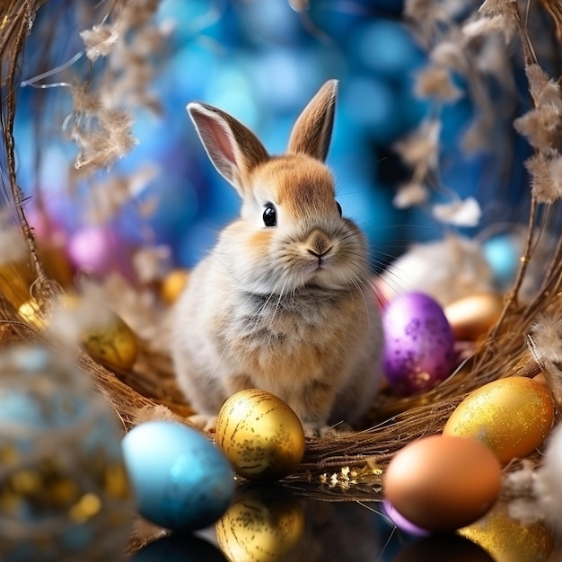 Фото Милый кролик и пасхальные яйца на синем фоне.