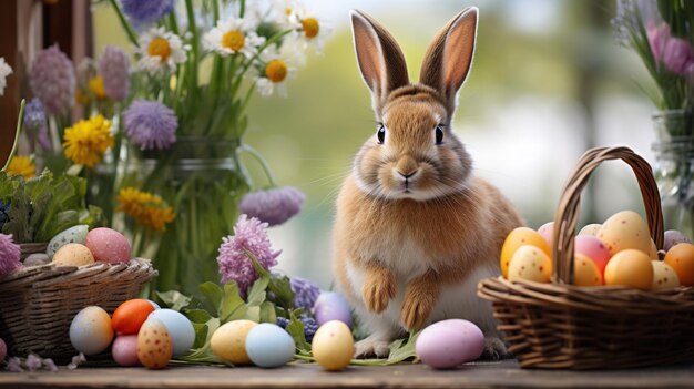 Cute little bunny and Easter eggs in basket on green grass outdoors