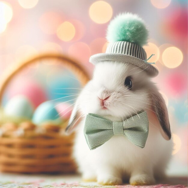 Photo cute little bunny and easter eggs on bokeh background