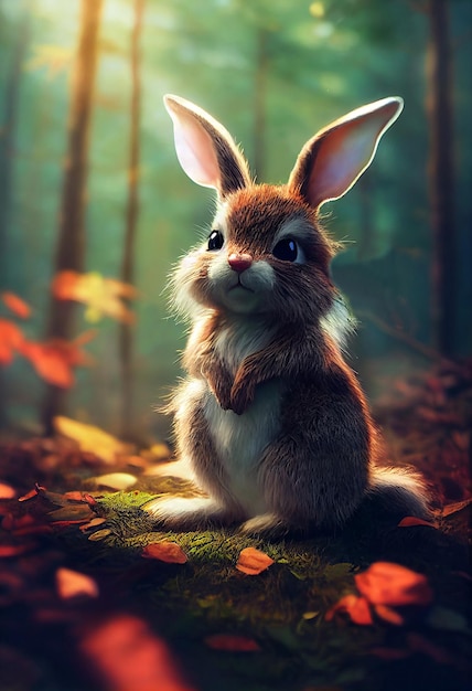 Милый маленький кролик в фантастическом лесу