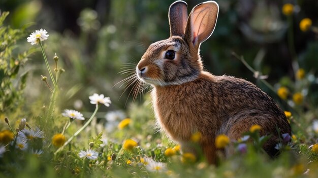 Cute little bunny in the meadow with flowers Spring nature background