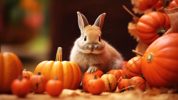 Photo cute little bunny and pumpkins on wooden table closeup