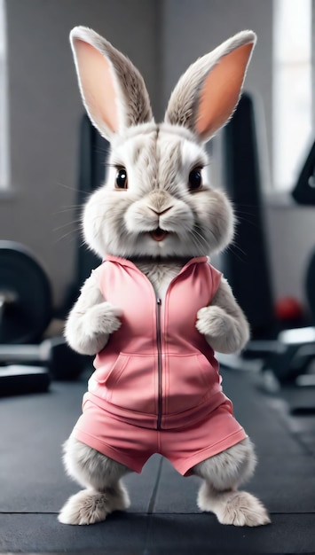 スポーツ服を着た可愛いウサギがジムで運動している