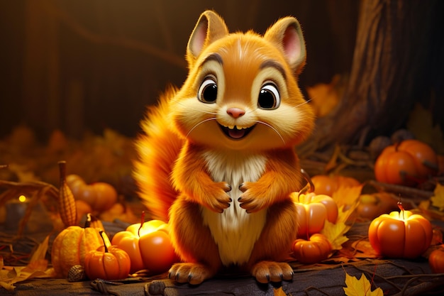Cute little cartoon squirrel on the background of an autumn forest