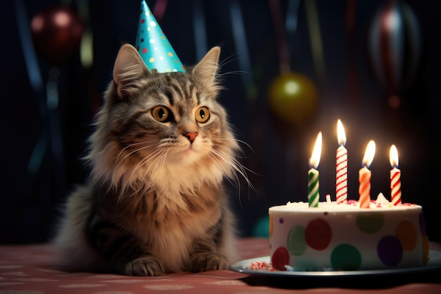 Cute little cat in a birthday hat with cake and candles on the table Generative AI