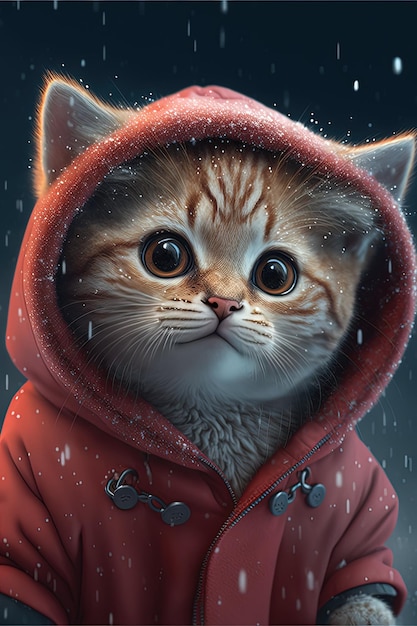 Cute little cat in red hoodie Generative Ai