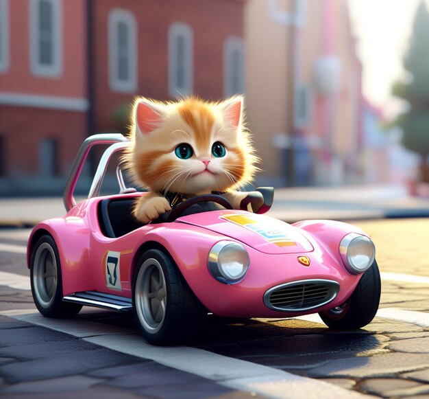 Фото Милый маленький кот ездит в милой маленькой гоночной машине