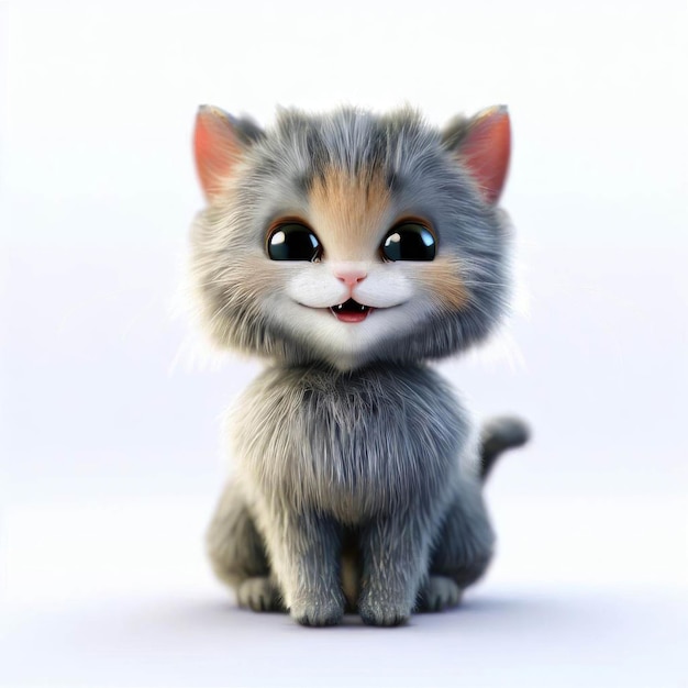 Симпатичная маленькая кошка с большими глазами в 3D на белом фоне Генеративный AI