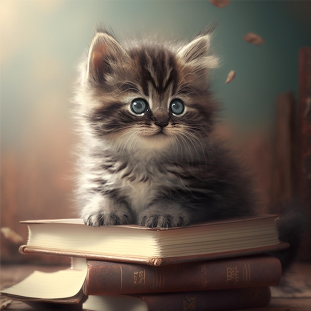 Cute little cat with books on light background