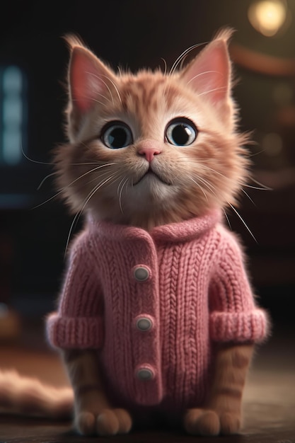 A cute little cat with a pink sweater Generative AI