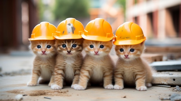 Cute little cats builders in a hat on a black background Generative AI illustrator