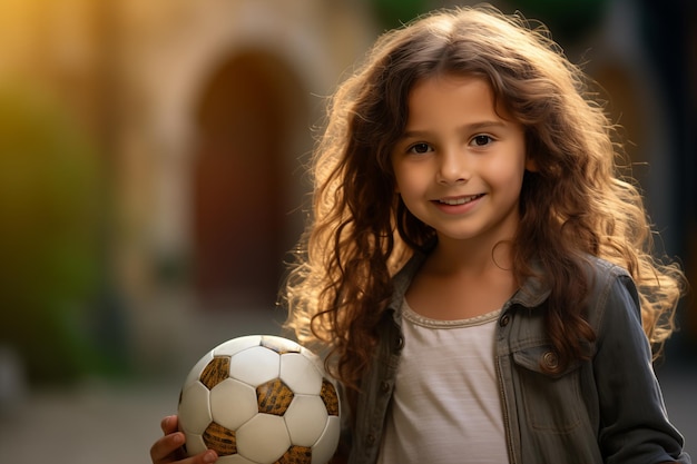 Cute little caucasian girl at outdoors holding soccer ball