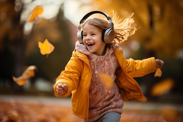 Cute little caucasian girl at outdoors listening music with headphones