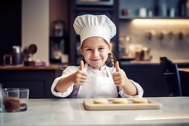 cute little chef baker in an apron and hat chef gesturing thumbs up generative AI