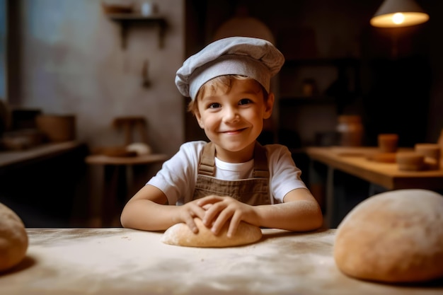 Photo cute little chef baker in an apron and hat chef with freshly baked wheat bread generative ai