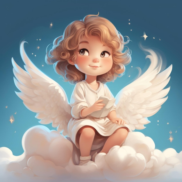 Cute little cherub reading on cloud